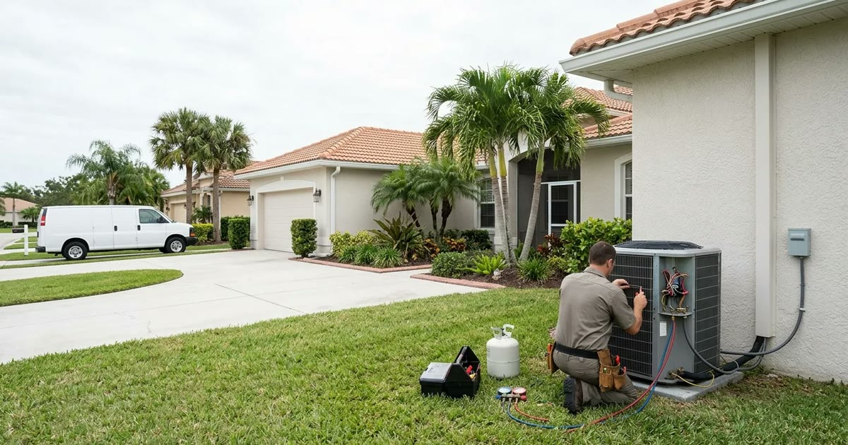Technician servicing a condenser unit outside a Cape Coral home under bright Florida sun