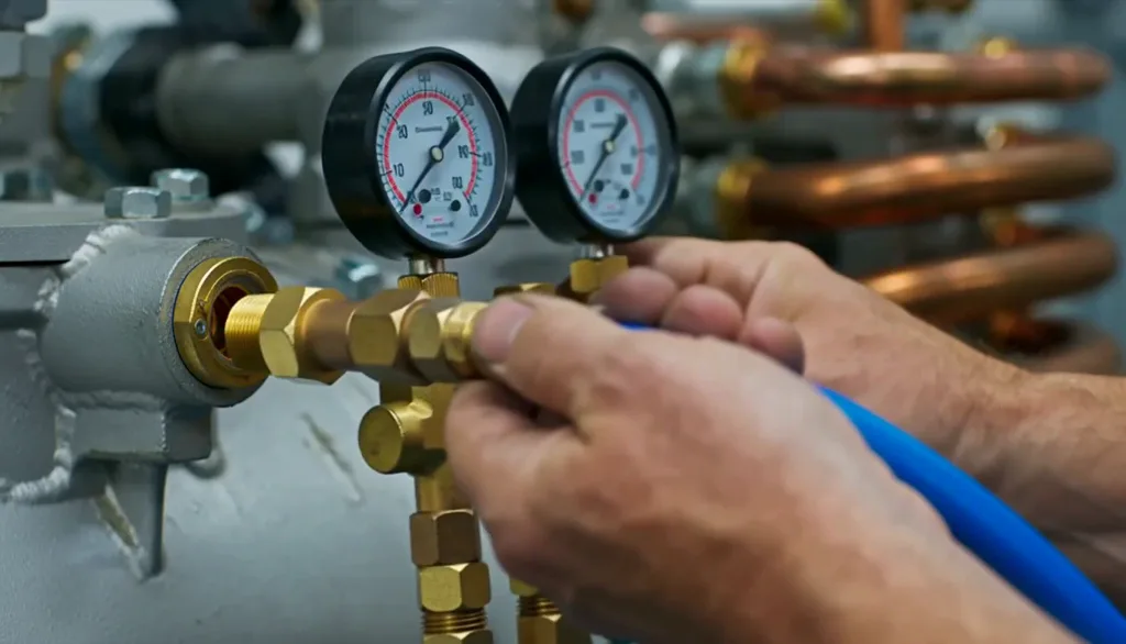 Technician connecting refrigerant gauges, close-up